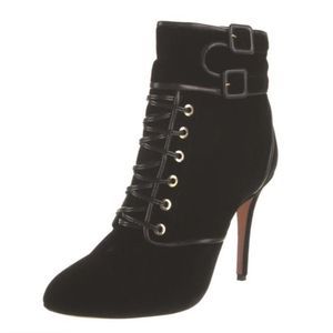 Aquazzura Elena Velvet Ankle Lace-Up Boots in Black Size 36